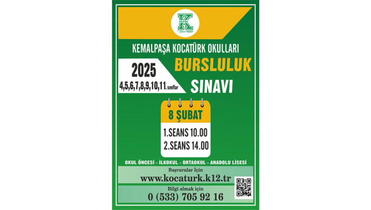 Kemalpaşa Kocatürk Okulları Bursluluk Sınavı 8 Şubat’ta